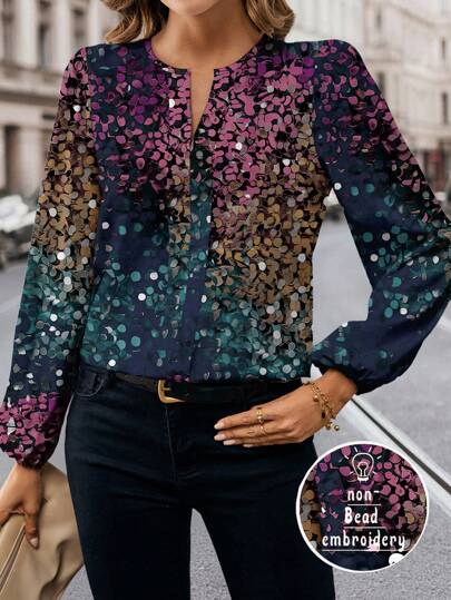 Glamance Warp Atelie Women Multicolor Blouses Long Sleeve Notched Boho Floral,Colorblock,Plain,All Over Print Summer Outfits For Women Summer Tops Going Out