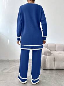 EURMUSE Women's Drop Shoulder Sweater And Sweater Pants Set - Blue - View 2
