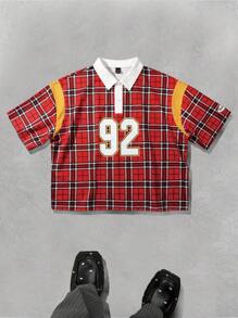 Manfinity EMRG 男士休闲宽松图案印花 Polo 衫，黑色上学装，男友礼物 - 紅色 - 查看 1