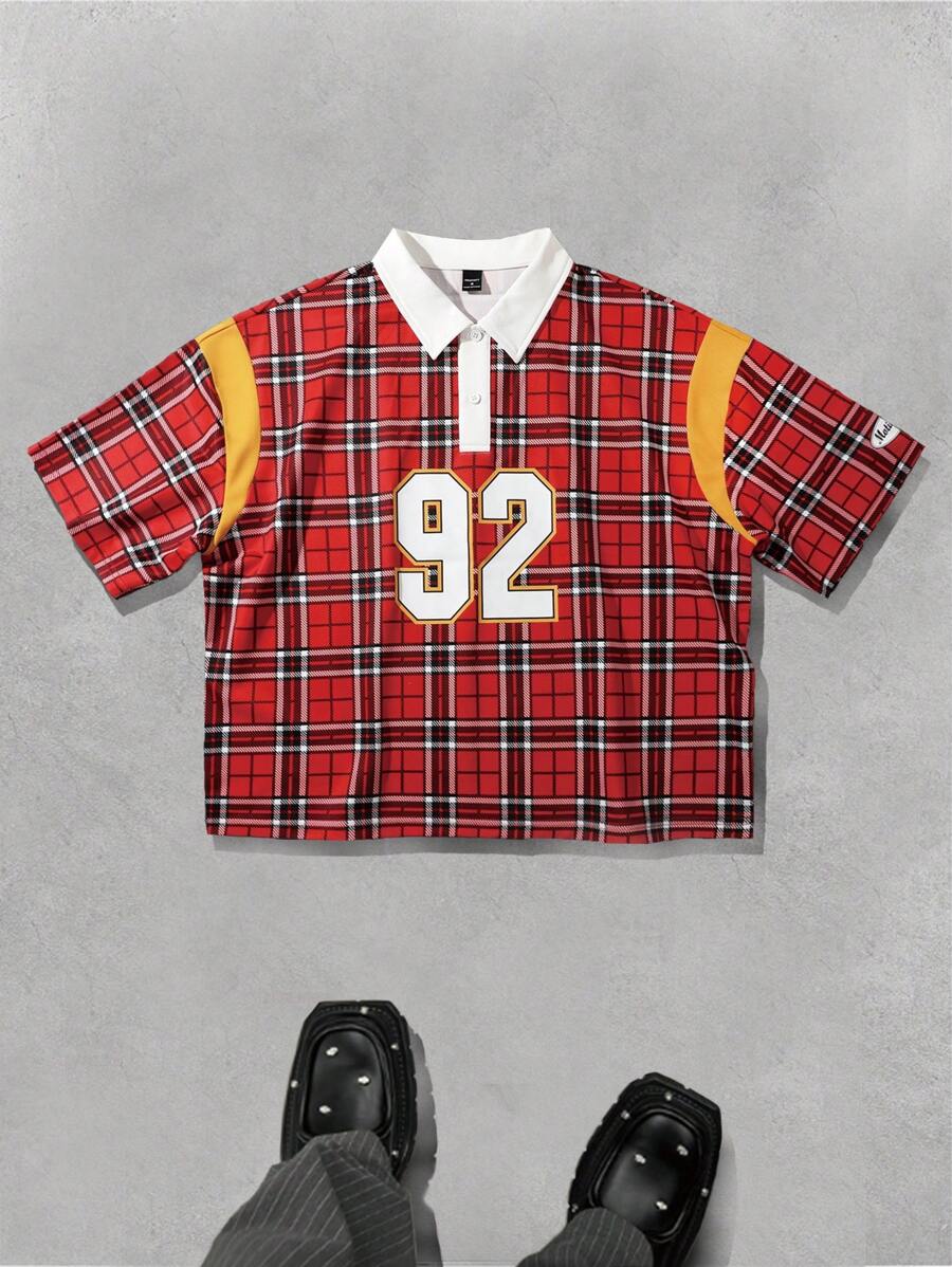 Manfinity EMRG 男士休闲宽松图案印花 Polo 衫，黑色上学装，男友礼物 - 紅色 - 查看 1