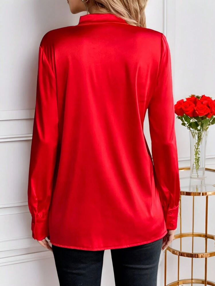 Blusa casual de mujer con botones al frente y mangas largas con lazo, de unicolor, para uso diario en ropa de San Valentín