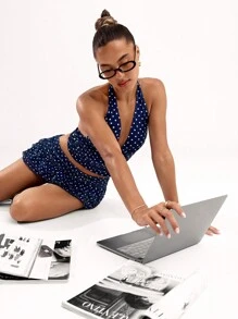 SHEIN BAE Women Pleated All-Over Print Minimalist A-Line Skirt, Casual & Suitable For Holiday - Navy Blue - View 7