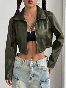 StreetHx Cropped Burgundy Leather Zip-Up Jacket - Olive Green - View 6