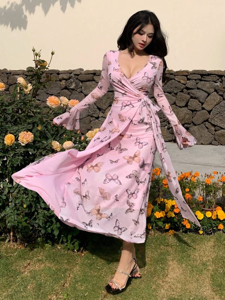 Sexy All-Over Butterfly Print V-Neck Drawstring Tie Waist Flare Sleeve Midi Dress For Women,Ruffle Floral