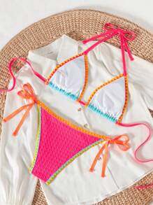 Swim SXY Conjunto de ropa de playa para primavera y verano de mujer: top halter con recortes en color multiple y volantes, y Bottom de bikini con tiras de sujeción lateral y tirantes finos - Conjunto sexy de 2 piezas de traje de baño estilo festival bohemio