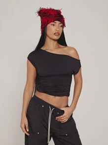 SUMWON WOMEN Off Shoulder Ruched Crop Top Asymmetrical Fitted Party Club Blouse Summer Festival Occasion Wear - Black - View 1