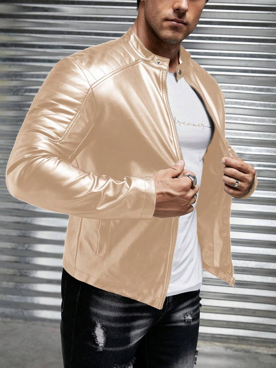 Manfinity LEGND Men's Solid Color Front Zipper Long Sleeve Pocket Casual Jacket, Minimalist Design, For Fall Winter - Camel - View 1