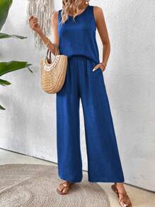 Breezaya 2pcs Women Sleeveless Solid Color Top And Pants Set - Royal Blue - View 4