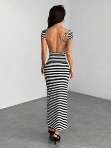SHEIN PETITE Women's Striped Fitted Long Backless Casual Dress