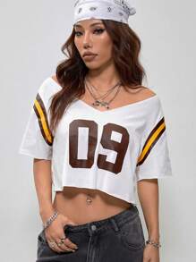 SHEIN EZwear 女士春夏约会之夜外出复古运动 V 领露肩 T 恤 - 白色 - 查看 5
