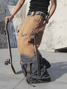 Manfinity EMRG Men's Casual Relaxed Fit Solid Color Patchwork Pocket Detail Denim Jeans - Multicolor - View 4