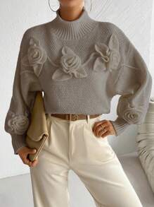 Chiquease Floral Print Solid Color Stand Collar Elegant Long Sleeve Sweater - Bronze - View 5