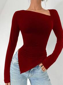 Almamuse 优雅纯色修身长袖不对称下摆 T 恤 - 酒紅色 - 查看 4