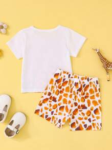 SHEIN 2pcs/Set Baby Girl Infant Toddler 0-3 Years Old Spring/Summer New Casual Versatile Homewear & Outerwear Comfortable Cute Giraffe Animal Print T-Shirt Top And Shorts Set - Yellow - View 2