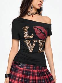 ROMWE Y2K 美式复古辣妹不对称肩部心形、嘴唇和豹纹印花女式 T 恤，夏季或女士休闲，演唱会外出，狂欢节，狂欢，乡村音乐会 - 黑色 - 查看 3