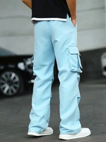 Manfinity Homme Loose Fit Men Flap Pocket Side Drawstring Waist Cargo Pants - Baby Blue - View 2
