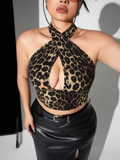 SHEIN ICON 大码女式豹纹镂空简约休闲吊带背心夏季