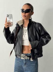 StreetHx Plush Patchwork Front Zip Pockets Faux Leather Pilot Jacket - Black - View 5