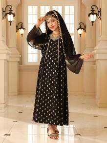 青少年女孩优雅派对金箔印花长裙配披肩 - 黑色 - 查看 4