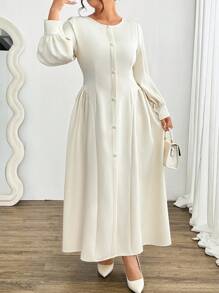 Celure Vestido largo de manga larga y cuello redondo minimalista con solapa falsa, elegante