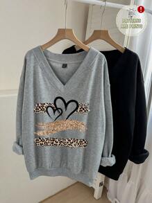 SHEIN LUNE 2pcs Plus Size V-Neck Leopard Print Heart Graphic Loose Warm Sweatshirt, Suitable For Autumn/Winter