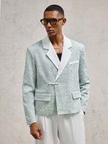 AKNOTIC Business Casual 2 件套浅绿色男士珍珠纽扣提花梭织翻领拼布修身休闲西装套装，适合休闲、度假、婚礼、毕业礼物 - 薄荷綠 - 查看 5