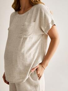 MaterniWear 2pcs Maternity Casual Solid Rib-Knit V-Neck Belt Tee & Adjustable Waist Skinny Pants Set, Spring/Autumn