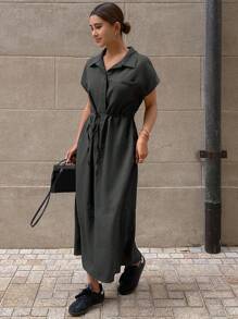 Livesso Einfarbiges, locker sitzendes, kurzärmliges, taillenumspieltes Hemdkleid im Maxilänge Stil für lässige Sommeroutfits, Strandmode für Frauen - Grau - Übersicht 8