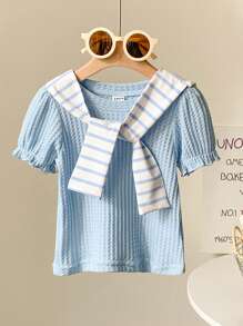 SHEIN 2 buc/Set Bebeluşă Fetiţă Nou Casual Resort Chic Elegant Albastru & Alb Tricot cu mâneci bufante, Capelet cu dungi detasabile 2 bucăţi ţinută - Albastru - Vizualizare 1