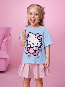 HELLO KITTY AND FRIENDS | SHEIN T-shirt court décontracté et polyvalent avec imprimé nœud papillon et chat pour jeune fille, en bleu - Bleu azur - Voir 7