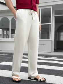 Manfinity VCAY 男士梭织长款中腰直筒休闲裤，适合日常穿着 - 白色 - 查看 2