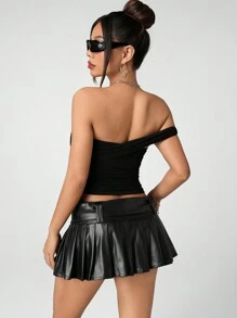 SHEIN ICON Y2k Women Black Fitted Twist Knot Asymmetric Ruched Shoulder Blouse Crop Tops - Black - View 2
