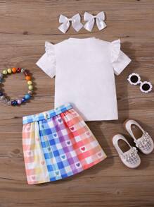 SHEIN Young Girl 2 Pieces Set: Knit Plain Cute Rabbit Graphic Round Neck Top And Woven Fitted Mini Skirt, Suitable For Easter, Baby Shower, Party, Birthday, Princess Girls Dress, School Clothes - White - View 8