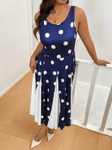 Celure Vestido casual de verano de fiesta con cuello redondo, sin mangas, de tallas grandes, con parches de lunares