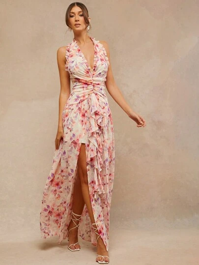 L'Amorae Women Clothes, Women's Elegant Romantic White And Pink Floral Print Halter Neck Backless Maxi Dress Sleeveless With Front Ruch And Ruffles Simple Fashionable Daily Casual, Women Dresses, Summer Women Dresses, White Women Dresses, Elegant Women Dresses, Long Dress, Formal Women Dresses, Summer Women Outfit,Wedding Dress, Valentine's Day Dress, Pink Women Dresses. For Date Night, Performances