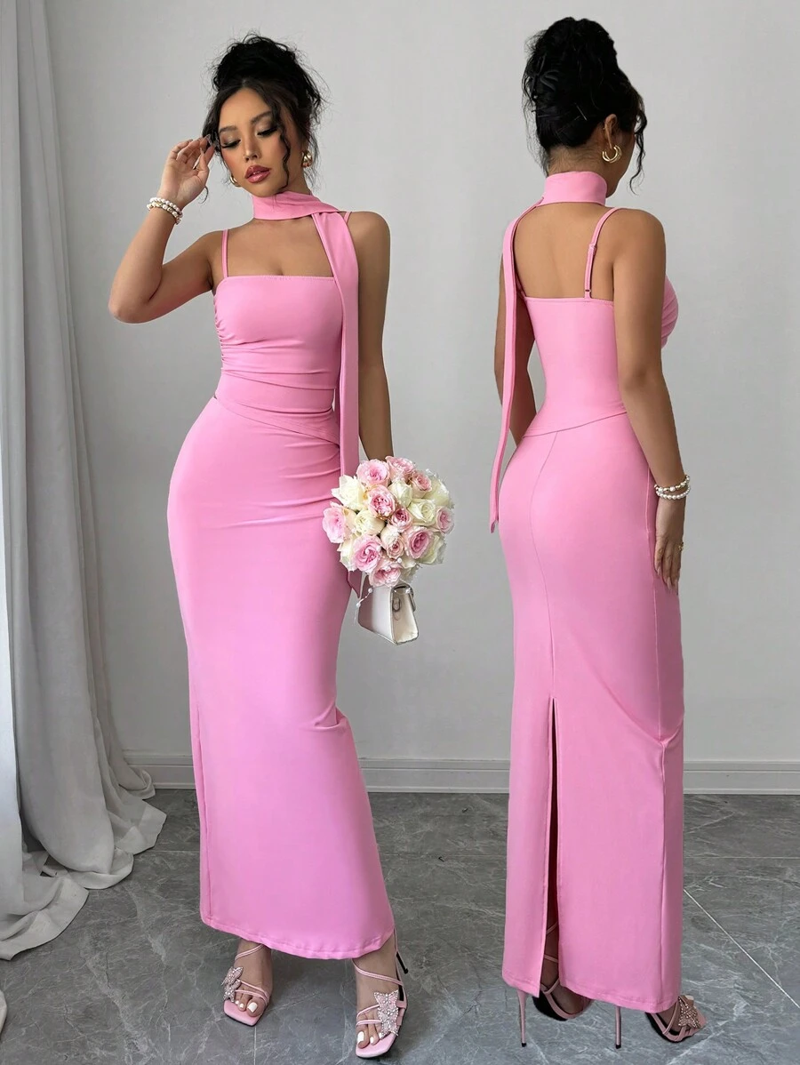 Chiquease Conjunto de 2 piezas: Vestido elegante de unicolor, de corte ajustado y con tirantes largos, con bufanda para el cuello, para mujer