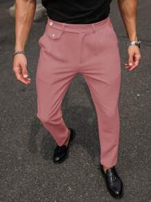 Manfinity Mode Men Plain Pocket Button Casual Straight Leg Pants - Pink - View 6