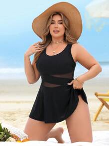 Swim Lushoire 大码女式 1 件装黑色休闲度假网眼镂空露背连体泳衣夏季 - 黑色 - 查看 3