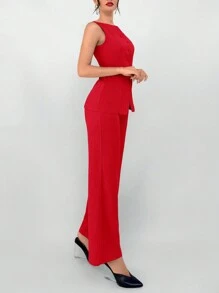 Aloruh Women's 2 Pieces Suit Set: Faux Pocket Decor V-Neck Khaki Blazer Vest And Palazzo Pants, Suitable For Commuting, Autumn/Winter - Red - View 5