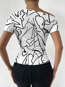 Chiquease Women's Fashion Graffiti Abstract Print Asymmetric Neckline Short Sleeve T-Shirt - White - View 2