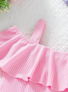 SHEIN Vestido casual ajustado con estampado de rayas y calado para niña joven - Multicolor - Ver 3