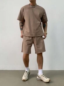 DAZY Tricou obișnuit maro solid, Set tricou de vară pentru bărbați