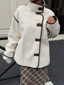 SHEIN EZwear Chaqueta de manga larga clásica con botones frontales, bolsillos parche y ribete de contraste, para otoño/invierno - Albaricoque - Ver 4