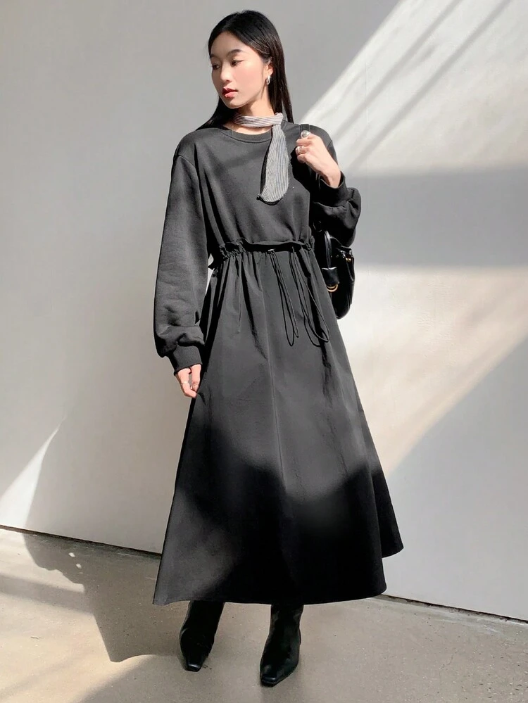 Loose Casual Cinched Waist Dress With Long Sleeve For Women,Fall Dress Maxi Dress