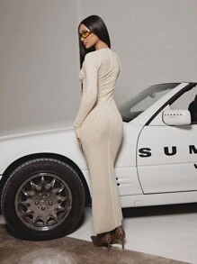 SUMWON WOMEN Midaxi 网眼紧身长袖连衣裙，带腰带细节，Y2K 风格晚会俱乐部服装，修身优雅弹力褶饰 - 杏色 - 查看 2