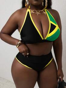 SHEIN Slayr CURVE Plus Size Women 2 Pieces Swimwear Set, Multi-Color Cross Strap Long Lace-Up Halter Top & Bottom, Elegant Casual Resort Wear Summer