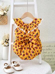 SHEIN Leap Crew Newborn Baby Girl Adorable Floral Pattern Ruffle Bodysuit, Summer