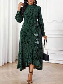 SHEIN Lady Vestido largo de mujer con estampado integral, cintura anudada y volantes en el bajo, elegante para usar en el Día de San Valentín, Año Nuevo, en el trabajo o en todas las estaciones - Verde - Ver 1