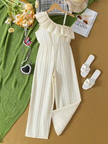 Tween Girls' Solid Color Asymmetrical Neck Ruffle Trim Jumpsuit, Casual Holiday Outfit