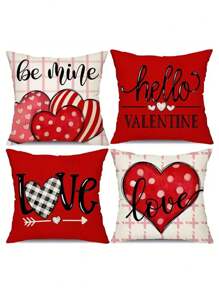 4Pcs Valentine'S Day Themed Cushion Covers, Creative Pattern Single-Sided Print, 100% Polyester Fiber, Zipper Closure, Machine Washable- Ideal For Home And Office Decoration, Valentine'S Day Decoration, Happy Valentine'S Day, Sofa Decoration - Pink - View 1